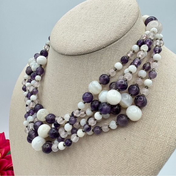 Vintage Gemstone Beaded Multistrand Choker Necklace Agate Amethyst Quartz 16” - Picture 9 of 16